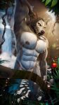 abs absurd_res anthro big_pecs blind_eye blizzard_entertainment canid canine censored censored_genitalia convenient_censorship fangs fur grey_body grey_fur hi_res kraygor_(worgan_freeman) light male mammal muscular muscular_anthro muscular_male nature nipples nude nude_male outside partially_submerged pecs plant solo standing standing_in_water sun sunlight teeth warcraft water were werecanid werecanine werewolf worgan_freeman worgen