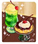  cherry cup drink drinking_glass food food_focus fruit highres ice_cream ice_cream_float indoors melon_soda miri_illust no_humans original pudding 