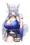  1girl animal_ear_piercing animal_ears arknights belt blue_dress blue_nails breasts brown_belt cat_ears cat_girl cat_tail chest_belt cleavage commentary cowboy_shot cropped_legs dress earrings grey_hair grey_shorts hair_between_eyes hair_over_one_eye highres horn/wood jewelry large_breasts long_hair looking_at_viewer midriff nail_polish navel necklace official_alternate_costume oripathy_lesion_(arknights) parted_bangs parted_lips santalla_(arknights) short_shorts shorts simple_background slit_pupils smile solo tail thigh_strap torn_clothes torn_shorts white_background white_belt wide_sleeves wristband yellow_eyes 