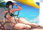  1girl beach_umbrella bikini blue_sky bracelet breasts chair cup earrings eyewear_on_head fubuki_(one-punch_man) green_bikini green_eyes green_hair highres holding holding_cup hoop_earrings jewelry juaag_acgy large_breasts light_smile lounge_chair navel one-punch_man outdoors short_hair sky solo sunbathing sweat swimsuit umbrella wide_hips 