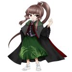  1other androgynous anmita_(rarutos) black_cape black_kimono brown_hair cape full_body green_skirt hair_ornament hand_on_own_hip hand_up japanese_clothes jynx_(style) kimono len&#039;en long_hair long_sleeves other_focus parted_lips personification ponytail red_eyes skirt socks solo tasouken variant_set white_socks 