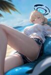  1girl absurdres ai-generated blonde_hair blue_archive breasts highres jo_sumi outdoors see-through see-through_shirt shirt shorts toki_(blue_archive) wet wet_clothes wet_shirt white_shirt 