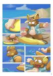 absurd_res alolan_form alolan_raichu beach clothed clothing comic comic_panel falling floating gralicbutter hat headgear headwear hi_res male nintendo pokemon pokemon_(species) regional_form_(pokemon) seaside sky surfing