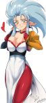  animal_ears blue_hair breasts breasts_squeezed_together cleavage dress gloves heart highres jacket large_breasts leggings looking_at_viewer medium_hair pointy_ears red_gloves red_leggings ryouko_(tenchi_muyou!) sidelocks signature simple_background slit_pupils spiked_hair tenchi_muyou! white_background white_dress yellow_eyes yellow_jacket yoo_tenchi 