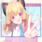  1girl :3 :d animal_ear_headphones animal_ears blonde_hair blue_archive blue_background blue_necktie blunt_bangs blush bow cat_ears close-up collared_shirt commentary_request fake_animal_ears foreshortening hair_between_eyes hair_bow halo hand_up happy head_tilt headphones heart highres looking_at_viewer medium_hair momoi_(blue_archive) momokokuma necktie open_mouth pink_halo polka_dot polka_dot_background red_bow red_eyes shirt simple_background smile sparkle striped striped_background tareme teeth upper_teeth_only v v-shaped_eyebrows white_shirt window_(computing) yellow_background 