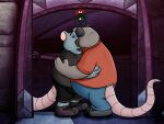 2023 absurd_res anthro beard belly big_belly bottomwear brok_the_investigator clothing detailed_background duo embrace eyes_closed facial_hair grey_body guard_(brok_the_investigator) hacker_(brok_the_investigator) hi_res hubie360 hug kissing male male/male mammal mistletoe mouse murid murine overweight overweight_male pants plant rat rodent shirt shorts topwear