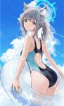  1girl animal_ear_fluff animal_ears ass bare_arms bare_shoulders blue_archive blue_eyes blue_sky cloud commentary_request cowboy_shot day ema_(kuguiema) extra_ears grey_hair halo highres innertube long_hair looking_back official_alternate_costume one-piece_swimsuit ponytail shiroko_(blue_archive) sky solo standing swimsuit thighs wolf_ears 