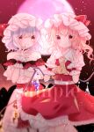  2girls absurdres adapted_costume ascot bare_shoulders bat_wings blonde_hair blue_hair blurry blurry_background breasts buttons cacao_(cacaomgmg) closed_mouth collared_shirt cowboy_shot crystal flandre_scarlet frilled_shirt_collar frilled_skirt frills full_moon hat highres light_smile medium_hair mob_cap moon multicolored_wings multiple_girls nail_polish one_side_up puffy_short_sleeves puffy_sleeves red_background red_eyes red_moon red_nails red_skirt red_theme red_vest remilia_scarlet sample_watermark shirt short_sleeves siblings sisters skirt skirt_set small_breasts touhou vest watermark white_headwear white_shirt wings wrist_cuffs yellow_ascot 