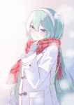  1girl absurdres adjusting_scarf awai_uta blue_eyes blue_hair blue_nails blush coat commentary dated_commentary duffel_coat earmuffs enpera grey_background grey_sweater hair_between_eyes hair_ornament hatsune_miku highres long_hair long_sleeves looking_at_viewer open_mouth plaid plaid_scarf pom_pom_(clothes) pom_pom_hair_ornament red_scarf scarf smile solo sweater twintails upper_body very_long_hair vocaloid white_coat winter winter_clothes 