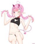  1girl absurdres ahoge arcbun black_panties choker clothing_cutout crop_top flat_chest grin hair_ornament hairclip heart heart-shaped_pupils heart_cutout highres holding holding_hair horns indie_virtual_youtuber long_hair looking_at_viewer mochi_(vtuber) navel one_eye_closed panties pink_choker pink_eyes pink_hair pink_tail pointy_ears red_horns red_nails simple_background smile solo symbol-shaped_pupils twintails underwear virtual_youtuber white_background 