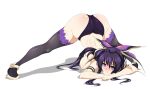  1girl absurdres ass black_panties black_thighhighs blush bow breasts closed_mouth commentary_request date_a_live embarrassed hair_bow highres jack-o&#039;_challenge large_breasts looking_at_viewer panties purple_eyes purple_hair shadow solo thighhighs thighs underwear white_background wide_hips yato_hebi yatogami_tooka 
