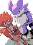 anthro bandai_namco belt bottomwear chest_tuft clothed clothing digimon digimon_(species) duo ear_piercing ear_ring flamemon fur grey_body grey_fur hair hi_res horn male pants piercing red_hair ring_piercing strabimon takedaconomi2 topless tuft yellow_eyes