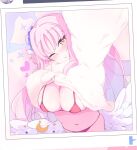  1girl angel_wings ashi_karekusa bikini blue_archive breasts chat_log clothes_lift crescent hair_bun halo head_tilt heart highres large_breasts long_hair long_sleeves looking_at_viewer mika_(blue_archive) navel one_eye_closed open_mouth pink_hair red_bikini selfie sleeves_past_wrists solo sweater sweater_lift swimsuit upper_body white_sweater white_wings wings yellow_eyes 