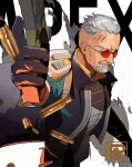  1boy apex_legends artist_logo ballistic_(apex_legends) beard black_coat black_gloves bullet cheekbones closed_mouth coat facial_hair from_side gloves grey-framed_eyewear grey_facial_hair grey_hair gun handgun highres holding holding_gun holding_weapon looking_at_viewer looking_to_the_side male_focus old old_man ororooops red-tinted_eyewear round_eyewear short_hair solo tinted_eyewear weapon white_background 