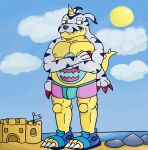 absurd_res animal_skin anthro bandai_namco beach chubby_male clothing digimon digimon_(species) footwear gabumon hi_res male melonca53654294 muscular reptile sand scalie seaside shoes slightly_chubby solo swimwear