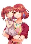  2girls absurdres aged_down bob_cut breasts cleavage dress drop_earrings earrings glimmer_(xenoblade) highres holding_baby jewelry large_breasts mother_and_daughter multiple_girls ponytail pyra_(xenoblade) red_dress red_eyes red_hair short_sleeves swept_bangs xenoblade_chronicles_(series) xenoblade_chronicles_3 you_nf 