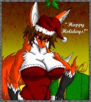 2012 anthro big_breasts black_sclera box breasts canid canine christmas christmas_clothing christmas_headwear clothed clothing container ear_piercing ear_ring english_text facial_piercing female fox fur gift hat headgear headwear hi_res holiday_clothing holiday_message holidays kitsune_urufu lip_piercing mammal mistletoe multicolored_body multicolored_fur navel_outline orange_body orange_fur piercing plant red_eyes ring_piercing santa_hat solo text two_tone_body two_tone_fur viroveteruscy white_body white_fur