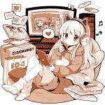  1girl animal animal_ear_headphones animal_ears beamed_eighth_notes blush book bookmark box brown_theme cardboard_box cat cd closed_mouth commentary_request computer computer_tower desk drawstring eighth_note fake_animal_ears headphones heart holding holding_stylus hood hood_down hoodie keyboard_(computer) long_sleeves loose_socks monitor monochrome musical_note no_shoes open_book original pillow puffy_long_sleeves puffy_sleeves sakurazawa_izumi shorts simple_background sitting sleeves_past_wrists smile socks solo spoken_heart stylus tablet_pc white_background 