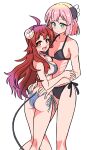  2girls absurdres ahoge bikini blush breasts brown_eyes brown_hair chiyoda_momo curled_horns demon_girl demon_horns demon_tail hair_ornament highres hiroshix31 horns long_hair looking_at_viewer machikado_mazoku multiple_girls open_mouth pink_hair scar short_hair simple_background swimsuit tail white_background yoshida_yuuko_(machikado_mazoku) 