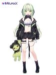  1girl belt black_belt black_footwear black_jacket black_ribbon black_shorts blush boots breasts commentary_request full_body green_hair hair_ornament hair_ribbon hairclip highres hinokuma_ran holding holding_stuffed_toy jacket karory leg_belt long_hair looking_at_viewer medium_bangs midriff multicolored_hair nanashi_inc. navel off_shoulder official_art open_mouth pink_hair ribbon short_shorts shorts simple_background small_breasts smile solo standing streaked_hair stuffed_animal stuffed_toy teddy_bear thigh_strap virtual_youtuber white_background 