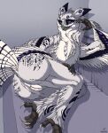 2023 5_fingers anthro anus artist_name avian beak biped bird colored english_text feathered_diva feathers feet female fingers flat_chested genitals hi_res inside lying on_side owl pussy rear_view smile solo tail_feathers talons text toes white_body white_feathers yellow_sclera
