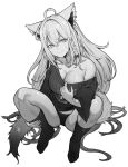  1girl ahoge animal_ears bare_shoulders black_panties black_shirt black_socks braid breasts cleavage closed_mouth fox_ears fox_girl fox_tail full_body greyscale hair_between_eyes highres hololive inamimi_(sheep1733) large_breasts long_hair looking_at_viewer monochrome no_pants panties shirakami_fubuki shirakami_fubuki_(7th_costume) shirt sidelocks single_braid smile socks solo spread_legs squatting sweat sweatdrop tail underwear virtual_youtuber white_background white_hair 