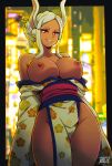  1girl animal_ears bare_shoulders biting_own_lip black_border blurry blurry_background boku_no_hero_academia border breasts city collarbone dark-skinned_female dark_skin floral_print_kimono hair_bun hair_ornament hair_stick highres japanese_clothes kimono large_breasts linkinsung long_eyelashes long_hair looking_at_viewer mirko nipples no_panties obi off_shoulder parted_bangs pelvic_curtain rabbit_ears rabbit_girl red_eyes sash signature smile solo thick_thighs thighs white_hair white_kimono 