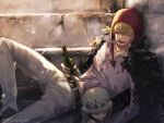  2boys belt blonde_hair bottle child cigarette closed_eyes donquixote_rocinante feather_coat hat heart holding holding_bottle lipstick looking_to_the_side makeup male_focus multiple_boys namagomi_(op_laaaaw_tan) one_piece pants shirt sitting smile smoke stairs trafalgar_law 