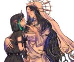  2girls absurdres amaotome belt black_belt black_dress black_hair blue_hair breasts brown_eyes chest_belt cleavage cleavage_cutout closed_mouth clothing_cutout coif cowboy_shot curled_horns demon_girl demon_horns demon_tail dress eye_hair_ornament fang grey_horns halo hand_on_another&#039;s_back hand_on_another&#039;s_chin hebiyoi_tier hebiyoi_tier_(2nd_costume) highres horns large_breasts long_hair long_sleeves looking_at_another medium_hair multicolored_hair multiple_girls nanashi_inc. official_alternate_costume open_mouth orange_halo pointy_ears red_eyes shishio_chris shishio_chris_(3rd_costume) short_sleeves sidelocks simple_background tail two-tone_hair virtual_youtuber white_background white_dress white_headwear wristband yuri 