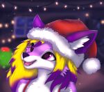 anthro blonde_hair canid canine christmas christmas_clothing christmas_headwear christmas_present clothing dominoaive_(notdr27) fan_character female fluffy fox fur gift gradient_hair hair happy hat headgear headwear hi_res holidays inner_ear_fluff joeumbre light lighting lights mammal purple_body purple_eyes purple_fur purple_hair santa_hat shaded smile solo tuft