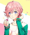  1boy a3! androgynous black_tank_top blush closed_mouth earbuds earphones green_sleeves long_sleeves looking_at_viewer male_focus mia5512 multicolored_background pink_background pink_hair purple_eyes sakisaka_muku shirt short_hair solo tank_top white_background yellow_background yellow_shirt 