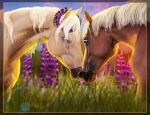 accessory amber18db blue_eyes dolehest duo equid equine eye_contact female feral field flower flower_in_hair hair hair_accessory horse icelandic_horse looking_at_another male male/female mammal mary_(bloopertrooper) maxym_(bloopertrooper) plant purple_eyes purple_flower sunset