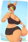 2023 5_fingers anthro big_breasts bottomwear breasts brown_hair bulging_breasts cleavage cleavage_overflow clothed clothing cloud day fangs female fingers fior_(jimmuarts) footwear fur grass green_eyes gym_bottomwear gym_clothing gym_shorts hair hi_res huge_breasts jogging kanoa_(jimmuarts) looking_at_viewer midriff open_mouth open_smile outside plant seaside shirt shoes short_hair shorts simple_background skecchiart skindentation smile sneakers solo tan_body tan_fur tank_top teeth thick_thighs topwear wide_hips wraps wrist_wraps