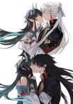  2boys black_hair blade_(honkai:_star_rail) chinese_clothes closed_mouth couple dan_heng_(honkai:_star_rail) dan_heng_(imbibitor_lunae)_(honkai:_star_rail) detached_sleeves dragon_boy dragon_horns earrings eyeliner fingerless_gloves frendraw gloves green_eyes green_horns hand_on_another&#039;s_face highres honkai:_star_rail honkai_(series) horns jewelry kiss long_hair long_sleeves makeup male_focus multiple_boys pointy_ears red_eyeliner simple_background white_background white_hair yaoi yingxing_(honkai:_star_rail) 