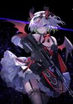  1girl apricot_the_lich apricot_the_lich_(vampidol) assault_rifle black_choker black_garter_straps black_thighhighs bow breasts choker cleavage closed_mouth colored_inner_hair demon_girl demon_horns demon_wings dress frilled_dress frills garter_straps green_eyes green_hair gun hair_bow hair_over_one_eye highres holding holding_gun holding_weapon horns large_breasts looking_at_viewer mochimochi_589 multicolored_hair red_bow rifle short_hair spiked_choker spikes thighhighs virtual_youtuber vshojo weapon wings 