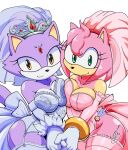 2023 amber_eyes amy_rose anthro barely_sly big_breasts blaze_the_cat breast_squish breasts clothing dress duo eulipotyphlan felid feline female female/female green_eyes hedgehog hi_res lingerie mammal sega signature sonic_the_hedgehog_(series) squish wedding_dress