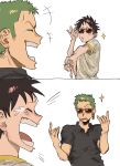  2boys adjusting_eyewear black_shirt closed_eyes earrings green_hair highres jewelry laughing male_focus monkey_d._luffy multiple_boys multiple_views nsozp one_piece open_mouth profile red-framed_eyewear roronoa_zoro scar scar_on_cheek scar_on_face shirt short_hair sideburns simple_background single_earring sparkle sunglasses tearing_up upper_body white_background white_shirt 