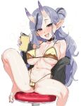  1girl alcohol beer bikini drunk fang gradient_horns hair_between_horns horns jacket long_hair looking_at_viewer mole mole_under_mouth multicolored_horns nijisanji oni oni_horns pointy_ears purple_eyes rindou_mikoto short_eyebrows skin-covered_horns smile spread_legs suisogenshi swimsuit thick_eyebrows virtual_youtuber 