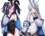  2girls @_@ alternate_costume animal_ears bare_shoulders black_leotard black_pantyhose blue_archive blue_eyes blue_necktie blunt_bangs blush breasts closed_mouth collar covered_navel cowboy_shot detached_collar fake_animal_ears finger_to_mouth hair_intakes halo hanato_(seonoaiko) hand_up headgear highleg highleg_leotard highres id_card index_finger_raised jacket large_breasts leotard long_hair long_sleeves looking_at_viewer mechanical_halo medium_breasts multiple_girls necktie nervous_sweating noa_(blue_archive) off_shoulder pantyhose parted_bangs playboy_bunny puffy_long_sleeves puffy_sleeves purple_eyes purple_hair rabbit_ears short_necktie short_twintails shushing simple_background smile strapless strapless_leotard sweat thick_thighs thigh_gap thighhighs thighs twintails v-shaped_eyebrows white_background white_collar white_hair white_halo white_jacket white_leotard white_thighhighs wrist_cuffs yuuka_(blue_archive) 