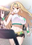  1girl absurdres alternate_costume bare_shoulders blonde_hair blush bouncing_breasts breasts earrings exercise exercise_machine green322 gym headpiece highres jewelry large_breasts long_hair mythra_(xenoblade) rex_(xenoblade) running shorts sports_bra sweat swept_bangs tiara treadmill unaligned_breasts very_long_hair white_sports_bra xenoblade_chronicles_(series) xenoblade_chronicles_2 yellow_eyes 