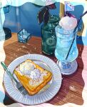  blue_hawaii bottle desk_lamp drink drinking_straw food food_focus fork french_toast highres ice ice_cream ice_cream_float ice_cube lamp miri_illust no_humans original plate table whipped_cream wooden_table 