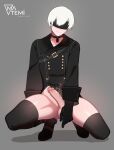  1boy 9s_(nier:automata) artist_logo artist_name belt bishounen black_belt black_blindfold black_choker black_footwear black_gloves black_jacket black_thighhighs blindfold boots bottomless choker closed_mouth collarbone commentary english_commentary erection full_body gloves grey_background grey_hair highres jacket long_sleeves male_focus matemi nier:automata nier_(series) penis shadow short_hair skindentation smile solo squatting thighhighs thighs tiptoes uncensored veins veiny_penis 
