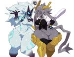 absurd_res anthro antlers big_breasts bovid breasts butt caprine clothed clothing crotch_tuft cyberlord1109 duo eyelashes featureless_breasts fecharis felid female fur goat grey_body grey_fur hair hi_res horn jackalope kindred_(lol) lagomorph lamb_(lol) league_of_legends legwear leporid mammal mask pseudoregalia rabbit riot_games sheep simple_background sybil_(pseudoregalia) tail thick_thighs tuft white_body white_fur wide_hips