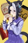  1girl animal_ears black_hair breasts burger eating food french_fries hair_bun hair_ornament horse_ears horse_girl large_breasts looking_at_viewer matuda_(matudayazo) mcdonald&#039;s medium_hair mejiro_ramonu_(umamusume) purple_eyes ribbon school_uniform tracen_school_uniform umamusume yellow_background 