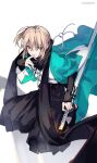  1girl absurdres black_hakama black_scarf blonde_hair carimarica fate/grand_order fate_(series) full_body hakama hakama_skirt hand_up haori highres japanese_clothes katana kimono looking_at_viewer okita_souji_(fate) okita_souji_(koha-ace) scarf short_hair simple_background skirt solo sword weapon white_background white_kimono yellow_eyes 