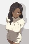  1girl arms_behind_back black_hair breasts brown_hair chocomiru dark-skinned_female dark_skin earrings english_commentary from_above hair_over_shoulder highres jewelry large_breasts looking_at_viewer medium_hair original ribbed_sweater shadow smile solo sweater white_background 