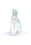 1girl alternate_color bare_shoulders breasts cleavage closed_eyes colored_skin dress duel_monster full_body green_hair highres large_breasts long_hair long_sleeves mystical_elf praying sengenjin31 solo very_long_hair white_dress wide_sleeves yu-gi-oh! 