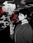  2boys black_hair blowing_smoke cigarette collared_shirt formal gegege_no_kitarou gegerou hair_over_one_eye holding holding_cigarette jacket japanese_clothes kimono kitarou_tanjou:_gegege_no_nazo limited_palette male_focus medama_oyaji_(human) mizuki_(gegege_no_kitarou) monochrome multiple_boys nanika_(nnkgh) red_eyes scar scar_across_eye shirt smoke smoking suit white_shirt 