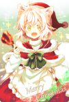  1girl :d animal_ears apron capelet cat_ears cat_girl christmas fang fur-trimmed_capelet fur_trim hat highres long_sleeves looking_at_viewer merry_christmas mono_(nekogoya) original red_capelet red_skirt sack santa_hat short_hair skin_fang skirt smile sweater white_apron white_sweater yellow_eyes 