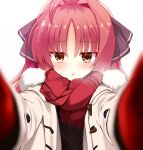  1girl antenna_hair black_bow blurry blush bow coat commentary depth_of_field dracu-riot! eyes_visible_through_hair fur-trimmed_coat fur_trim hair_bun hakutocake jitome long_hair looking_at_viewer meme open_clothes open_coat open_mouth parted_bangs pov pov_cheek_warming_(meme) red_hair red_scarf scarf shy simple_background solo sweatdrop white_background white_coat winter_clothes yarai_miu yellow_eyes 